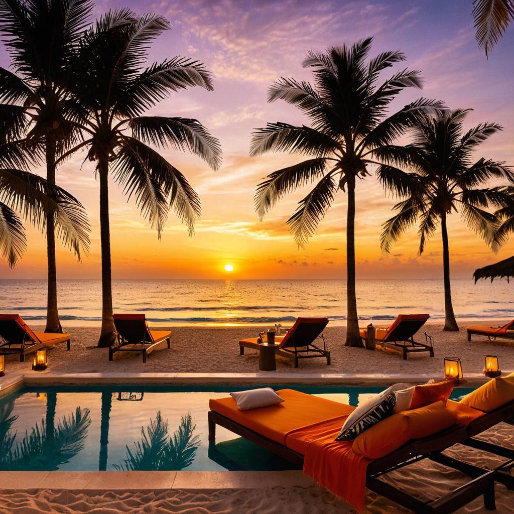 A serene beach setting at sunset, featuring a couple enjoying a luxurious lounge with a romantic setup, soft candlelight, and tropical drinks. In the background, people relax on sunbeds, blended with vibrant seaside elements like hammocks and palm trees, enhancing the adult lifestyle vibe. The warm colors of the sunset reflect on gentle waves lapping at the shore. super-realistic. vibrant colors. tropical paradise.